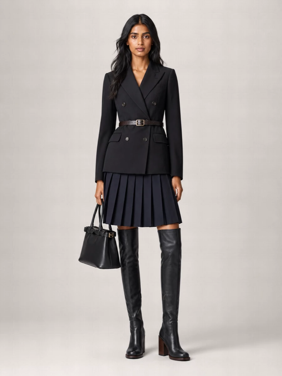 Deep navy pleats meet a sharply cut black double-breasted jacket for a long, controlled line that feels serious without stiffness. Over-the-knee boots extend the silhouette, while a structured black top-handle and slim dark leather belt keep the focus on proportion and poise. The result is boardroom-ready tailoring that slips into dinner with only a change of lip color, not attitude.