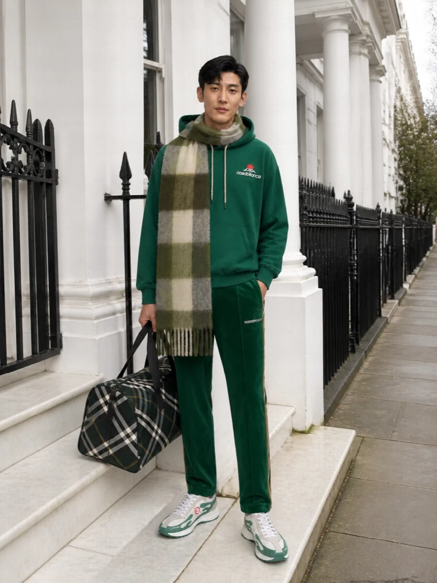 Casablanca green hoodie velour track pants outfit