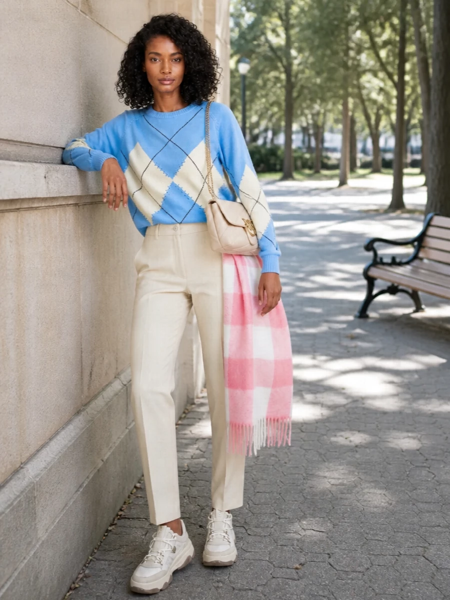 Pinko argyle sweatshirt cream trousers sneakers