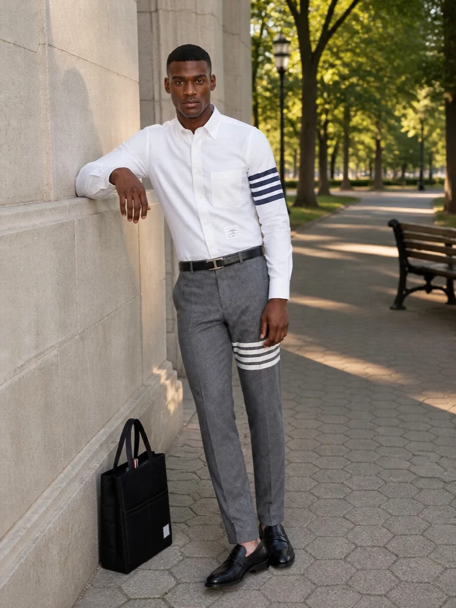 Thom browne grey trouser white shirt outfit