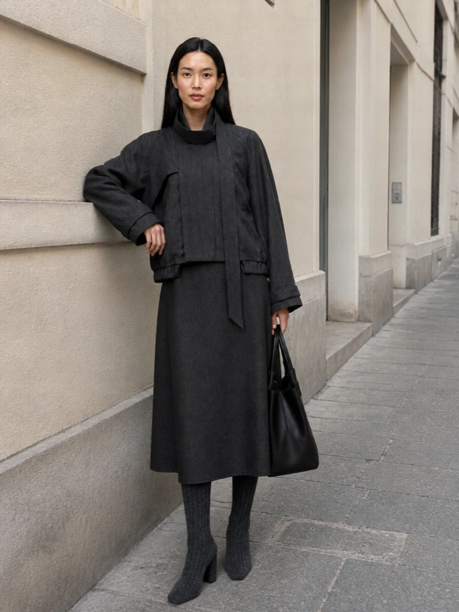 Victoria beckham charcoal coat midi dress outfit
