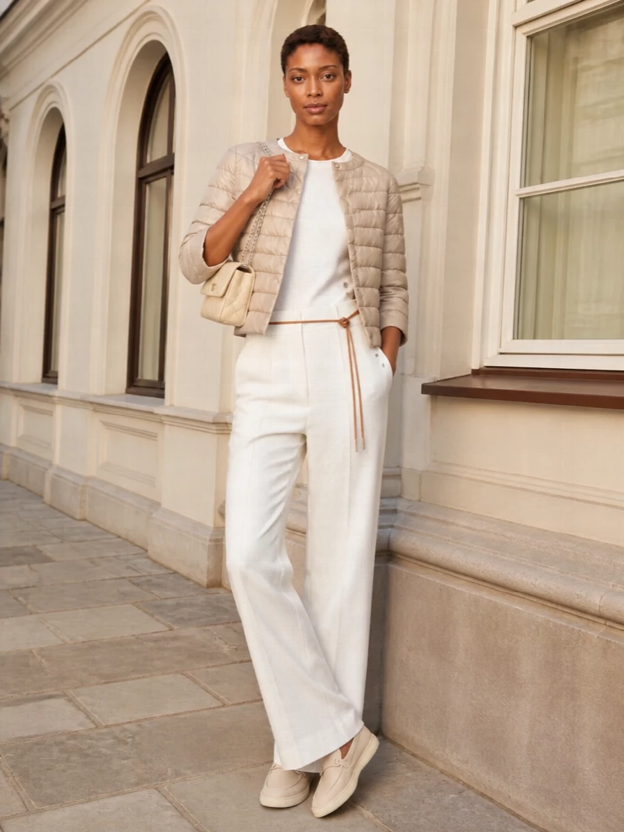 Herno beige jacket ivory trousers outfit