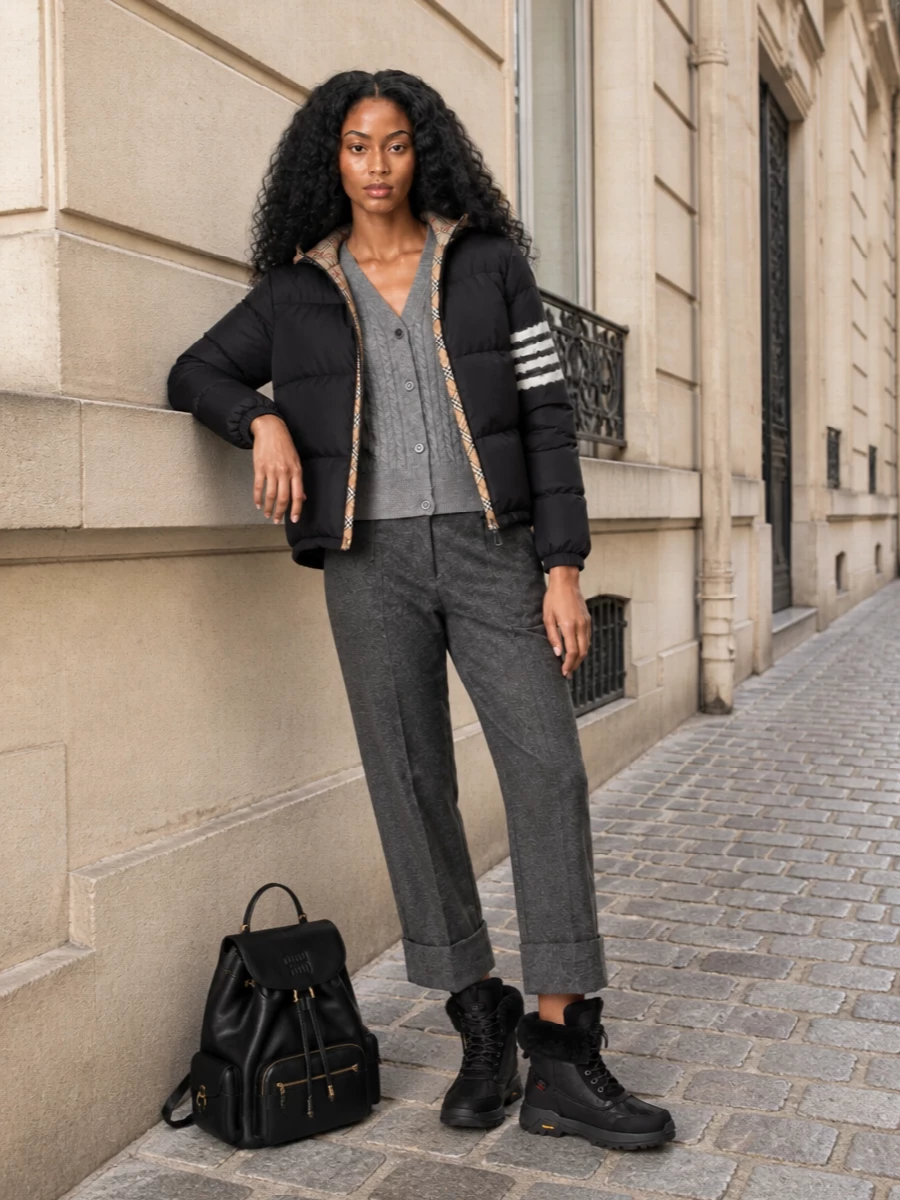 I am building this around the TOP + BOTTOM route rather than a dress, so the Burberry puffer reads as a true outer layer over sharp, preppy tailoring. The Thom Browne knit and cropped trouser echo the jacket’s heritage check in a quieter way, while the Ugg boots and Miu Miu backpack keep it functional for winter streets without diluting the polished, collegiate mood. It is a refined city‑cold outfit that balances structure and softness, perfect for days that move between meetings and pavement miles.