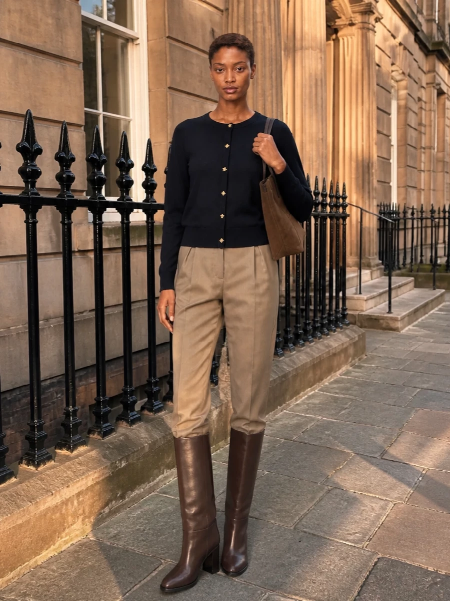 Midnight navy and soft taupe meet in a pared-back combination that feels composed without trying, ideal for desk-to-dinner city days. The sharp trouser line keeps the knit refined, while rich brown leather accessories warm the palette in a way that still reads discreet and modern.