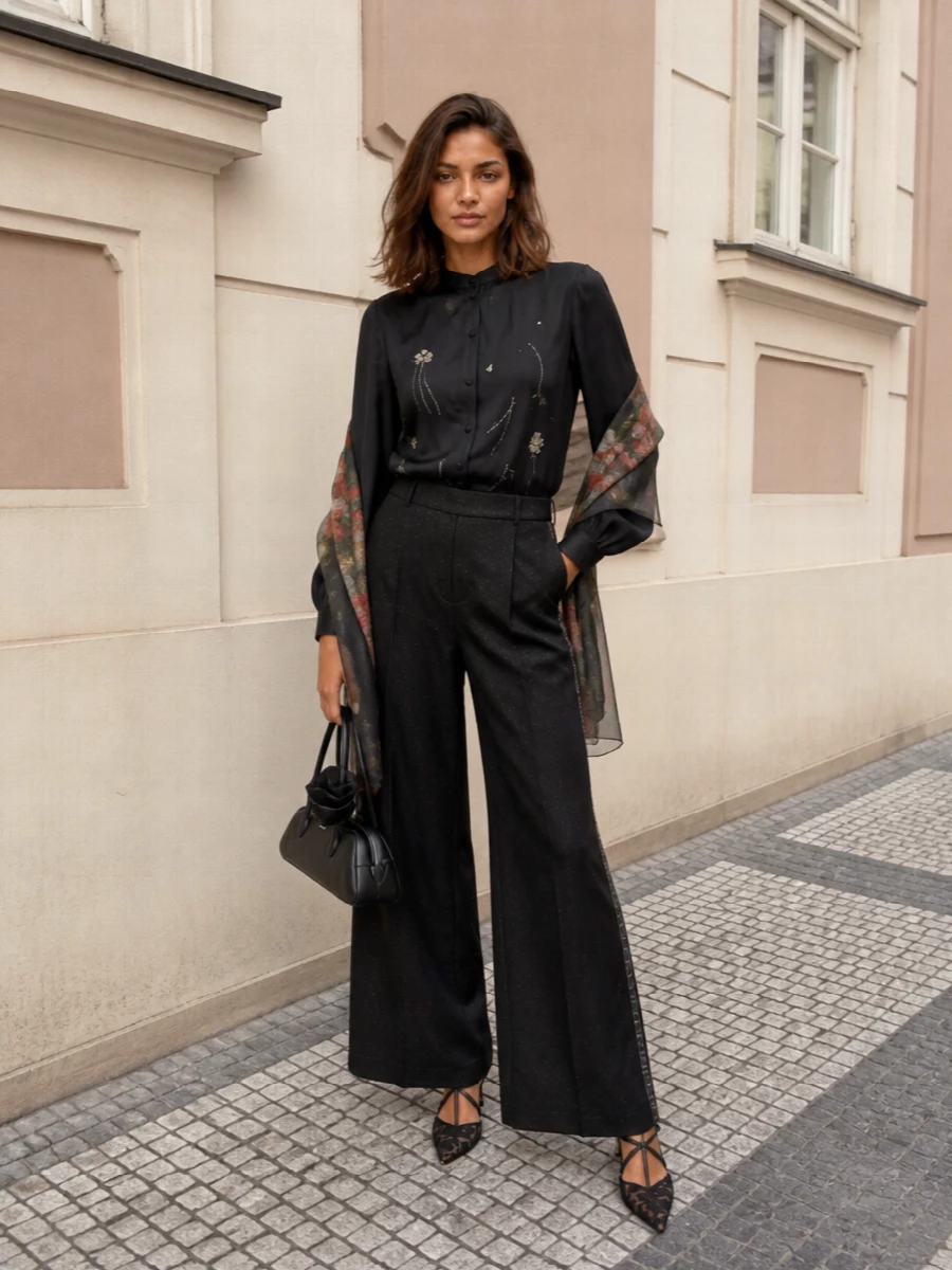 Forte forte beaded blouse black wide leg trousers