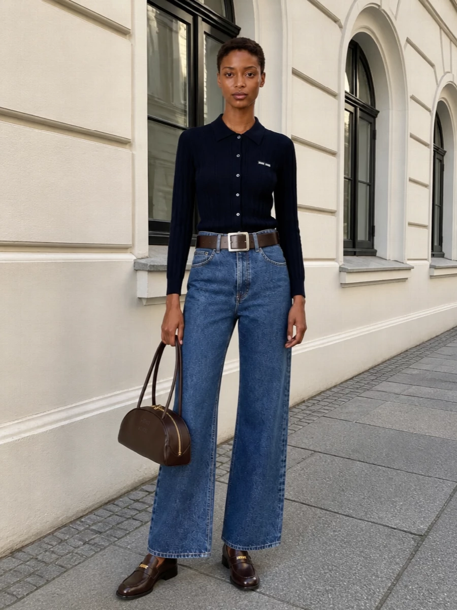 Miu miu wide leg jeans navy cardigan loafers