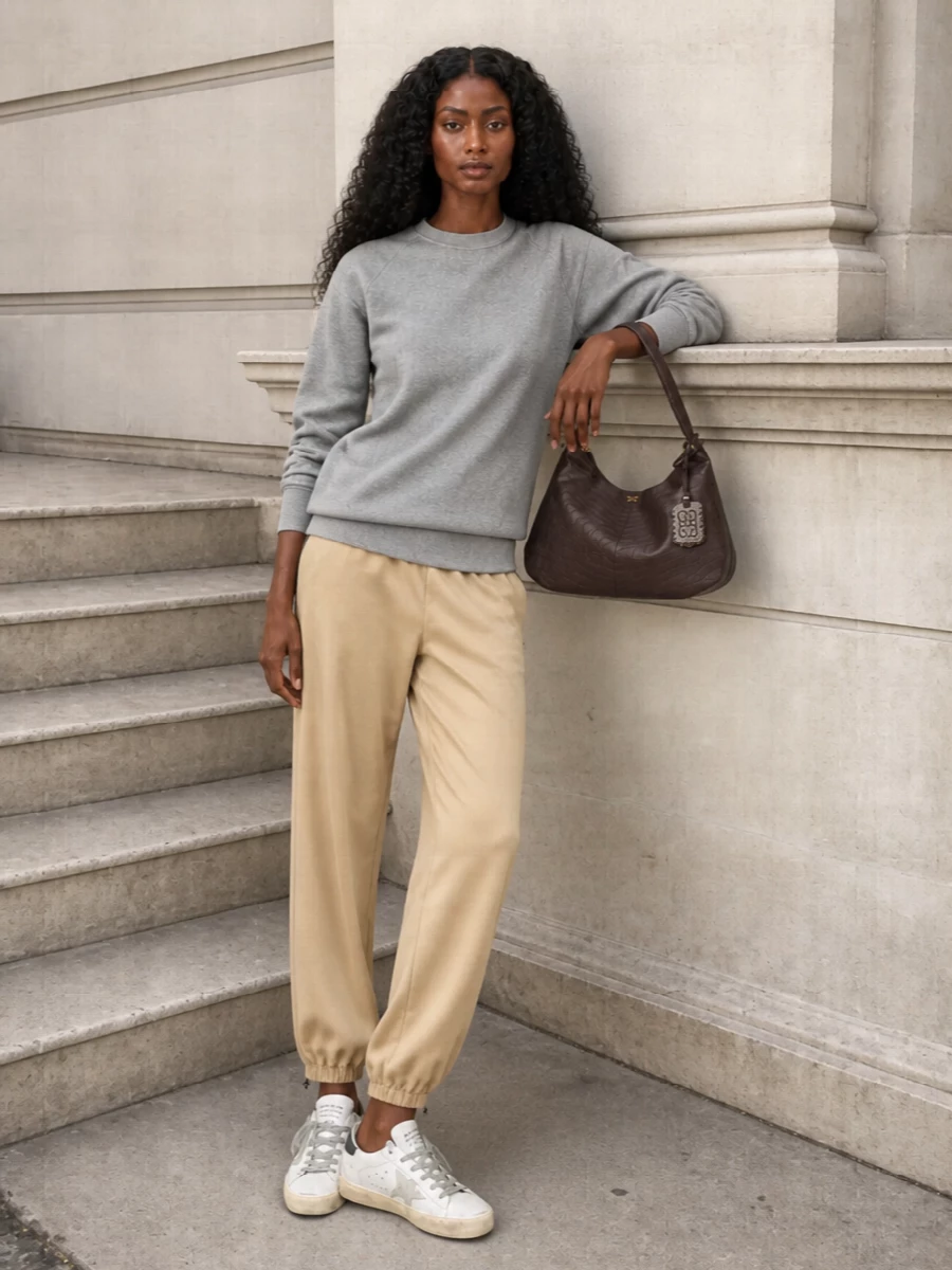 A heather-grey sweatshirt and camel joggers build an understated, tonal base that feels relaxed but considered next to the lived-in Golden Goose sneakers. The mix of greys and warm beige keeps everything in the quiet-luxury, off-duty space rather than sporty-logo driven streetwear. A structured chocolate hobo bag adds just enough polish and depth to take this from slow mornings to low-key city afternoons without changing a thing.