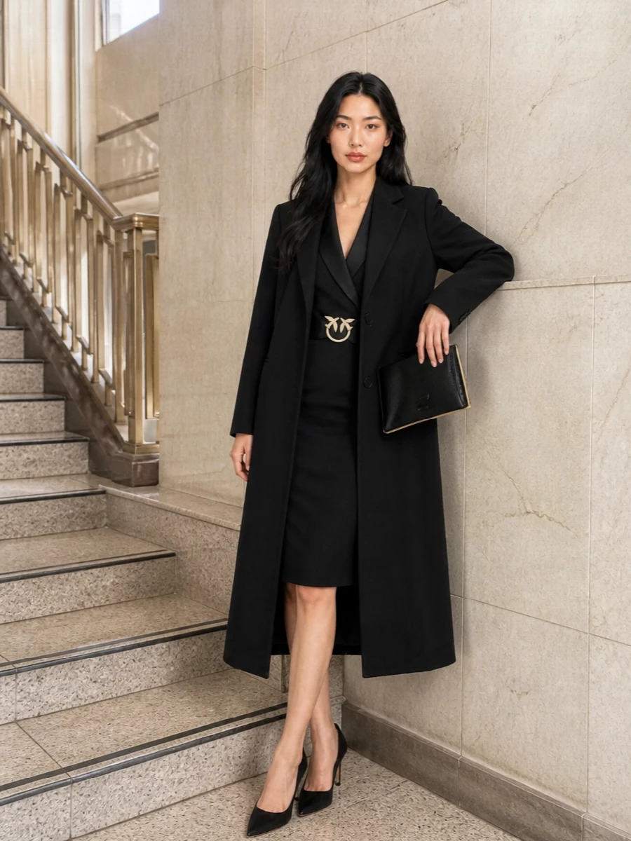 A tailored black sheath with tuxedo lapels stays razor sharp paired with equally clean black suede stilettos. The slim black clutch in textured leather and gold hardware quietly echoes the dress’s buckle, creating a cohesive, discreetly luxurious evening ensemble. Together, they read as confident and streamlined, ideal for dinners or cocktail invitations where polish speaks louder than embellishment.