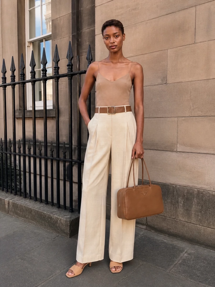 A camel camisole teamed with high-waisted buttercream wide-leg trousers creates a long, tonal column that feels softly tailored yet relaxed for warm days. Camel suede slides keep the mood refined but easy, while the structured camel bag and optional wide belt add just enough definition and depth. The result is a quietly polished neutral ensemble that moves effortlessly from desk to late afternoon drinks in the city.