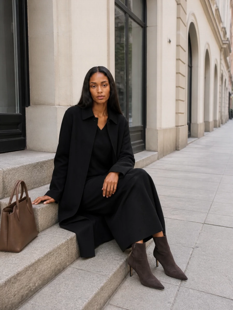 The row black coat dress outfit heels