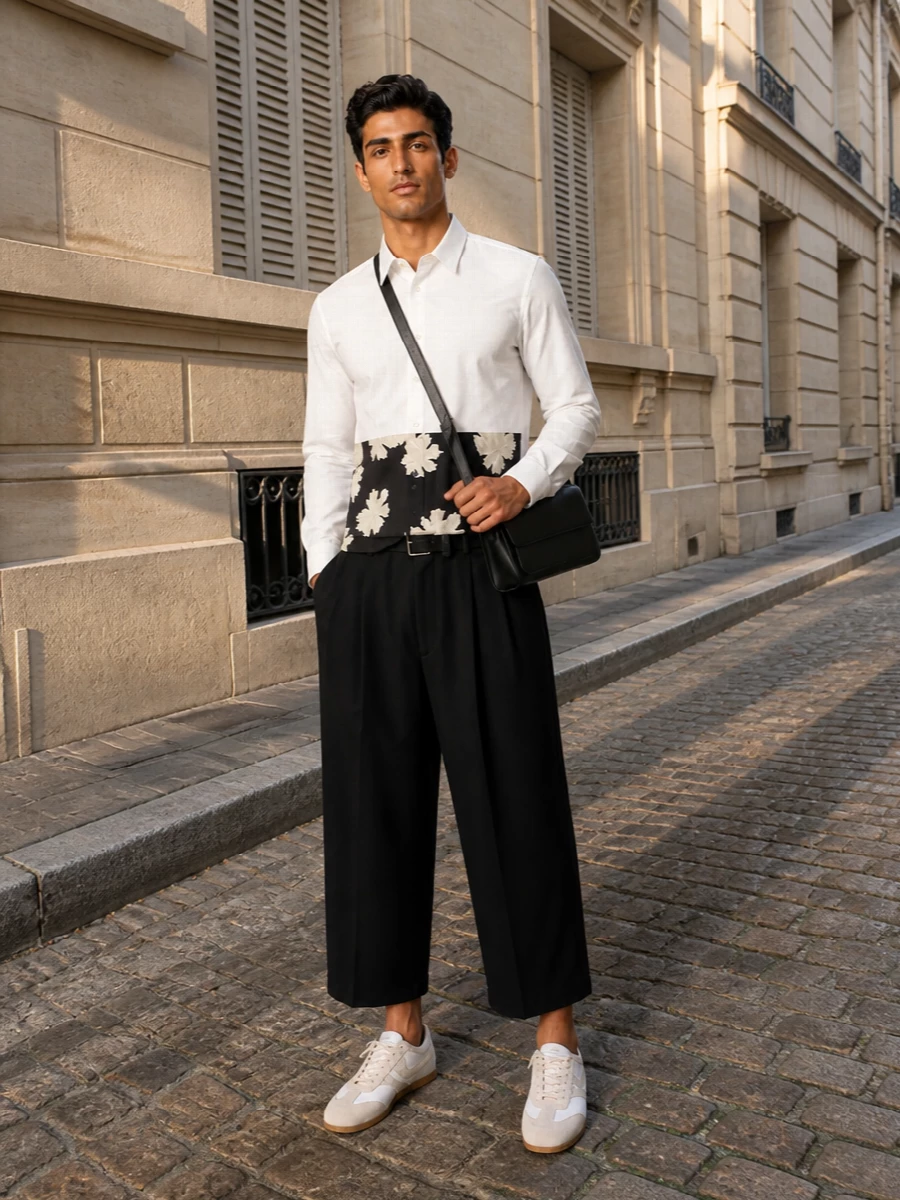 A graphic Dries shirt meets cropped, belted black trousers for a precise play of light and dark that still feels relaxed. The slim off white trainers echo the shirt’s ivory, softening the strong lines, while a clean black crossbody and discreet belt keep the whole composition sharp and quietly confident for warm days in the city.