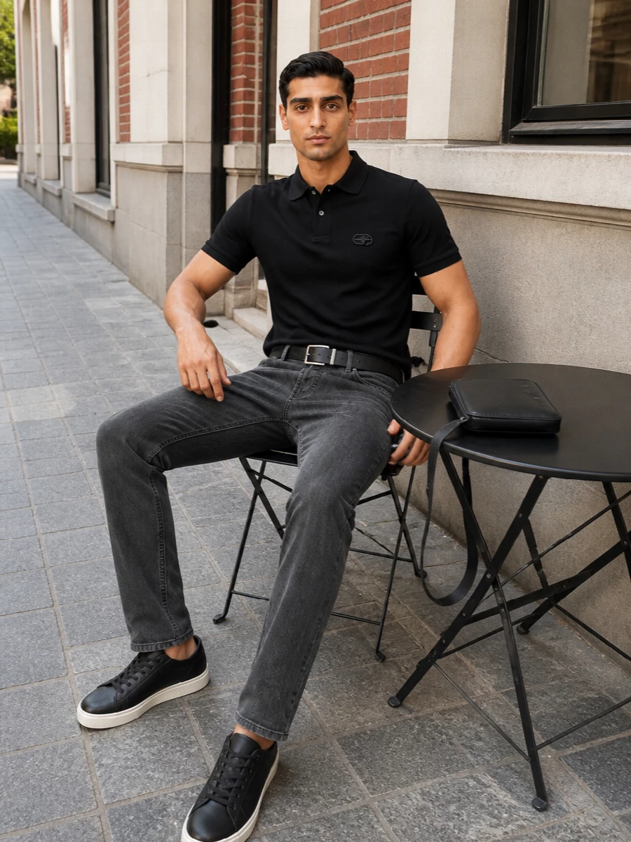 Emporio armani black polo charcoal trousers outfit