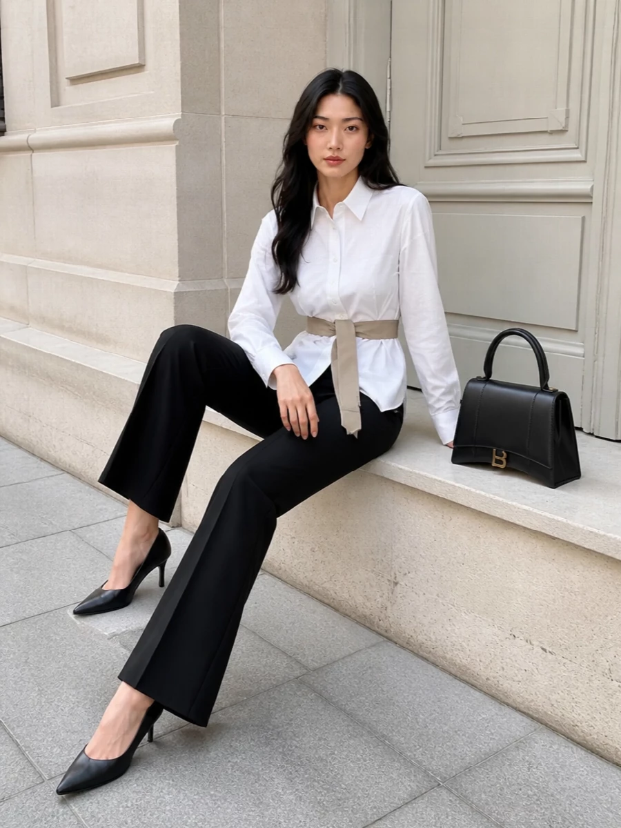 Balenciaga white belted shirt black flared trousers