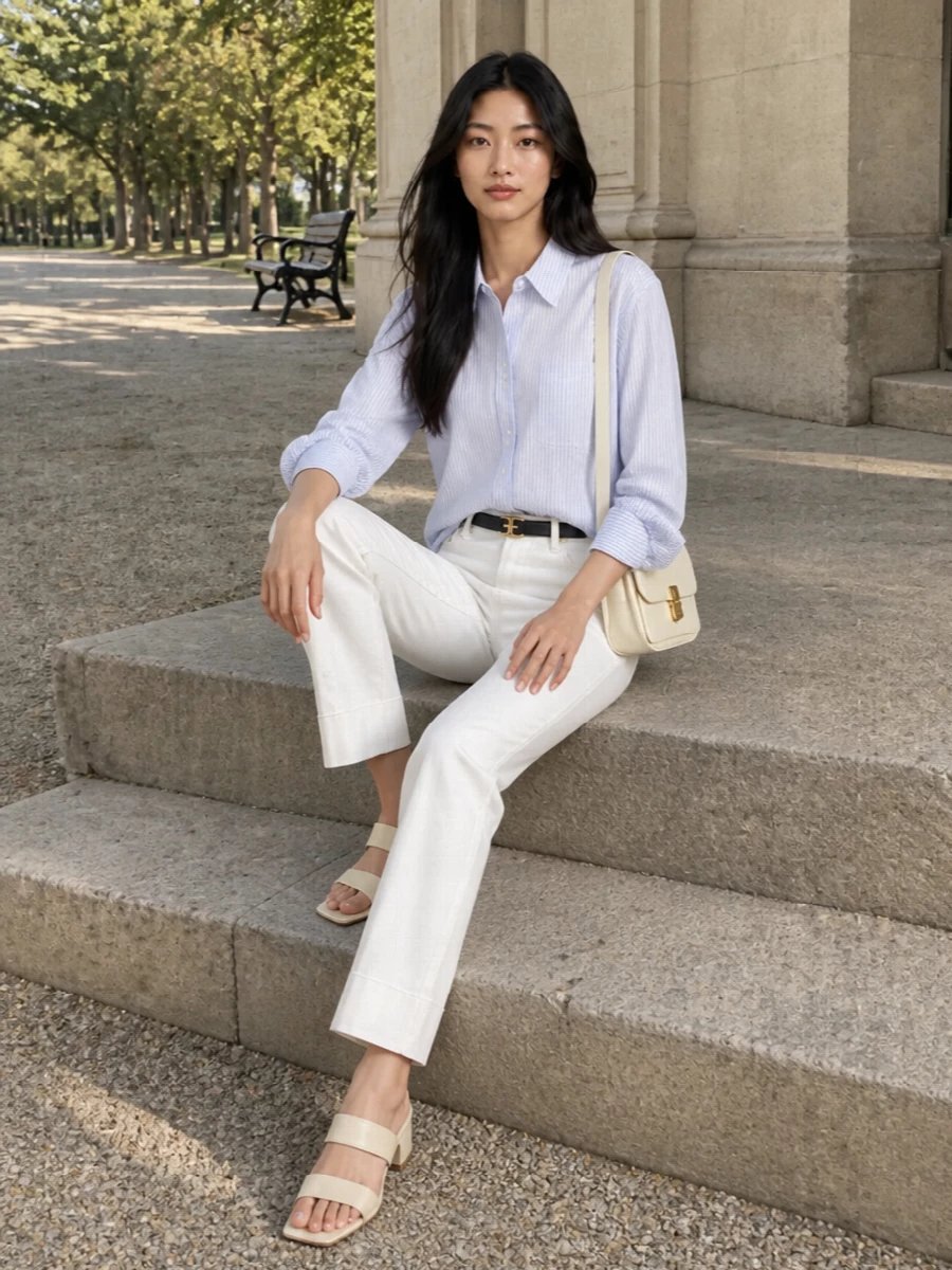 Soft-white denim and a pale-blue striped shirt create a clean, fresh base that feels studied but relaxed. Cream mules and an ivory shoulder bag keep the palette warm and cohesive, while a slim black belt adds a precise, minimal edge. It is an easy uniform for coffee runs that can read instantly right for low-key city dinners too.