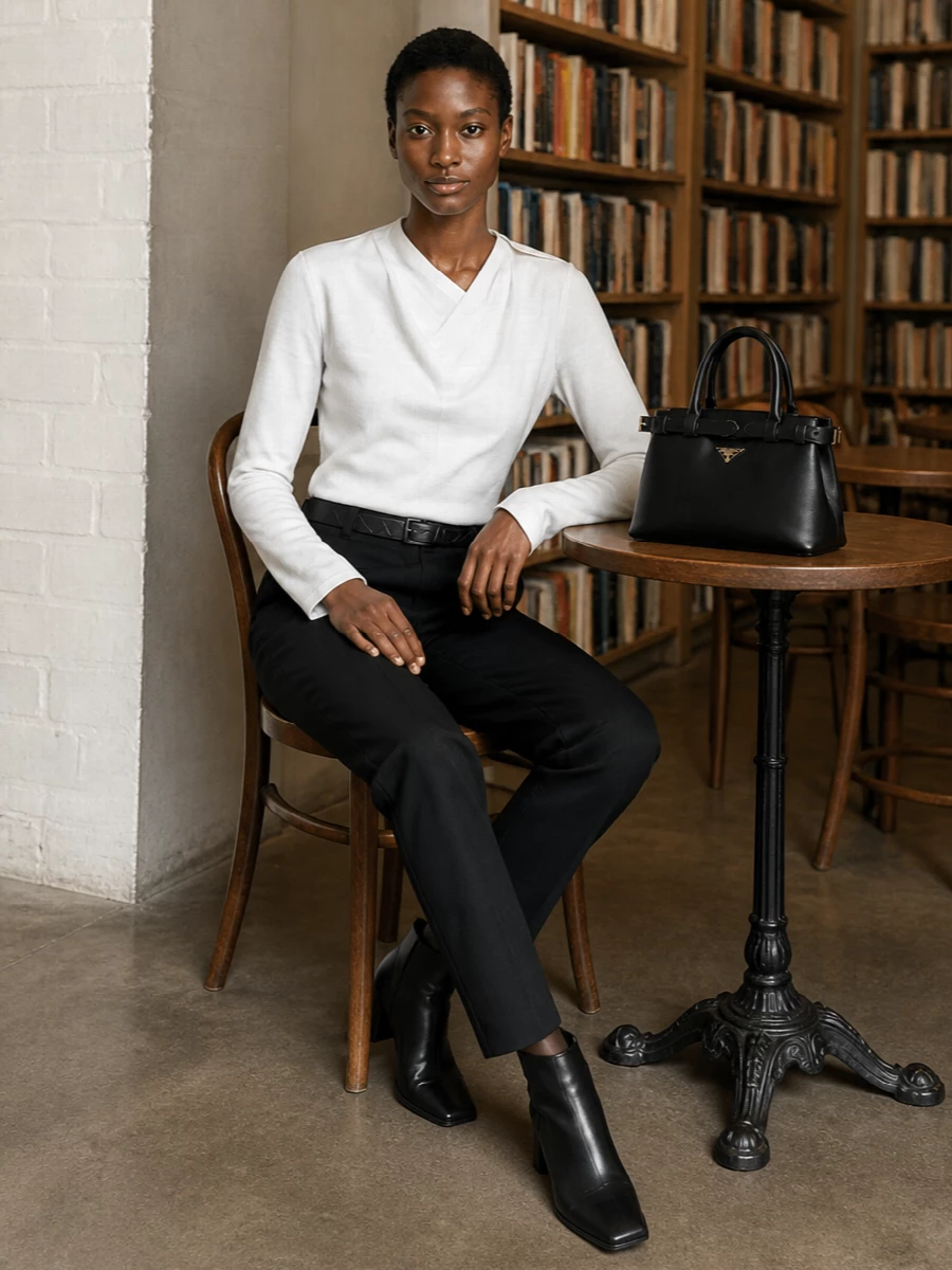 Courreges tailored black trousers ivory top