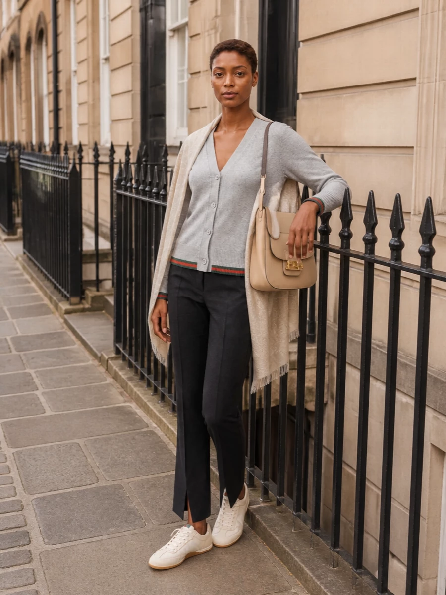 Gucci grey cardigan charcoal trousers outfit