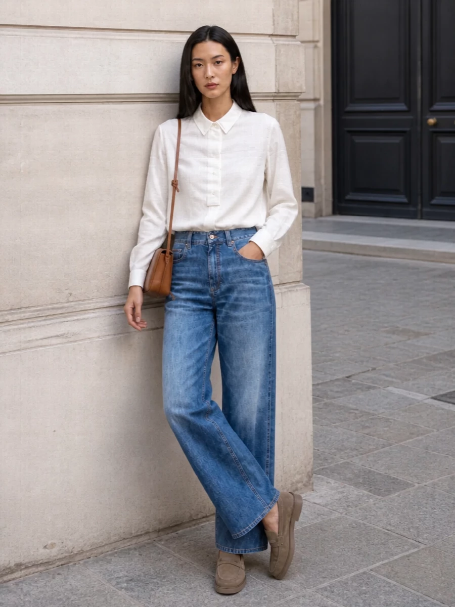 Brunello cucinelli wide leg jeans white shirt outfit