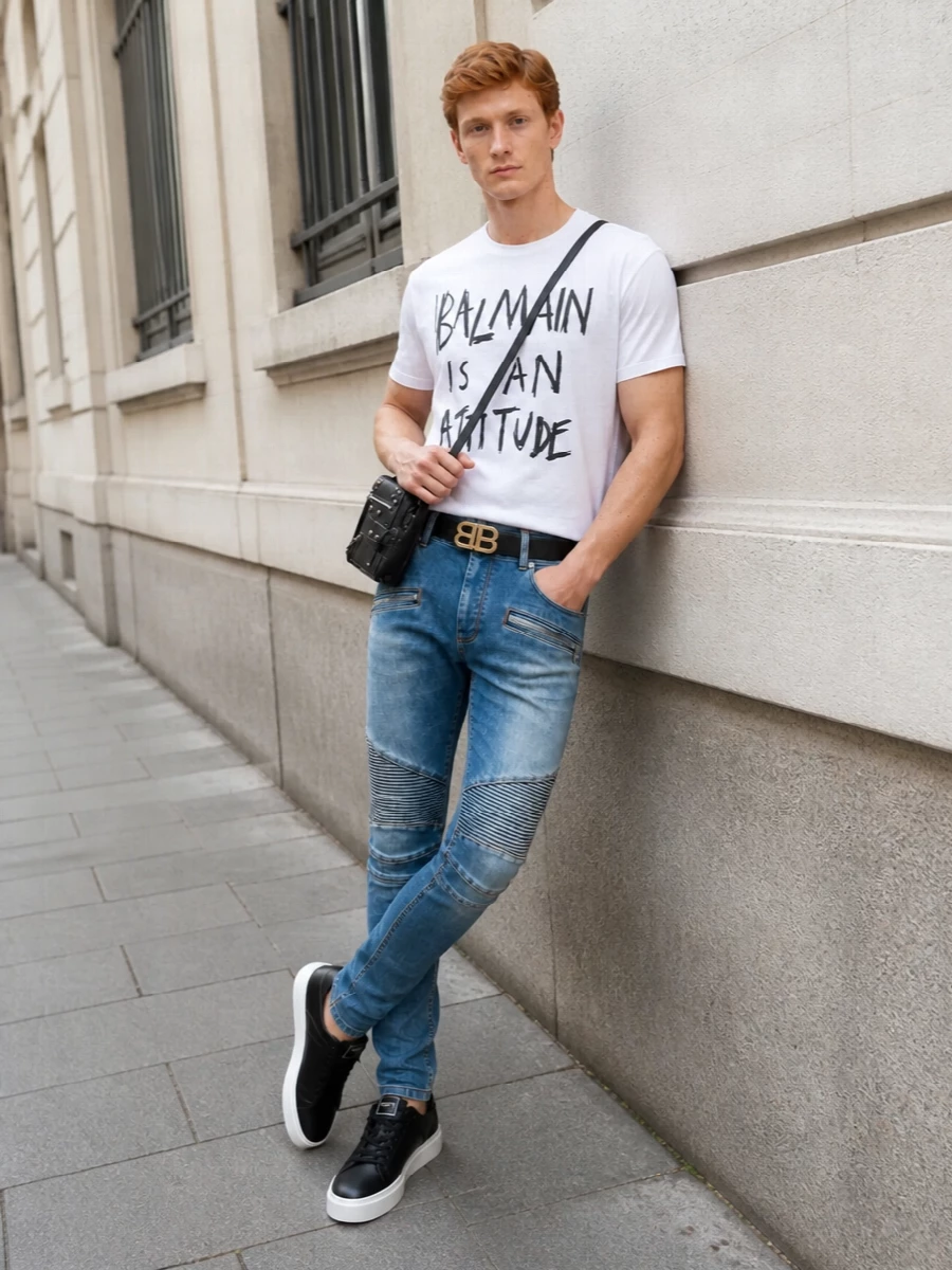 Balmain moto jeans balenciaga crossbody outfit