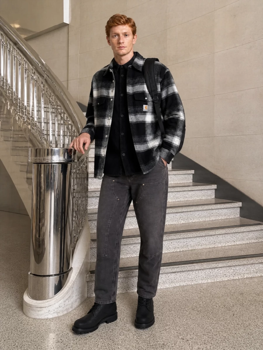 Carhartt plaid jacket black work pants boots