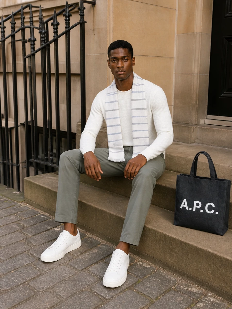 Beams plus waffle knit olive chinos white sneakers