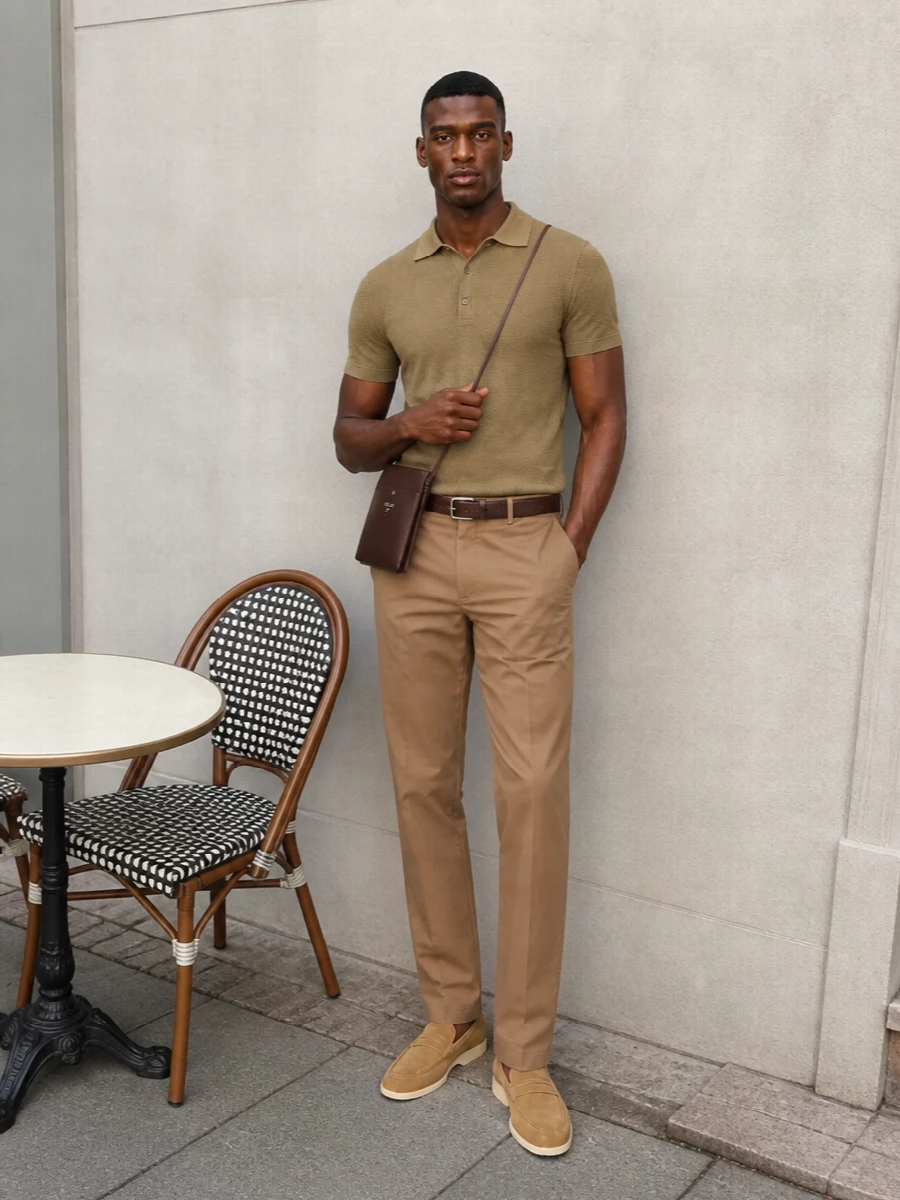 Barena camel chinos knit polo tods loafers