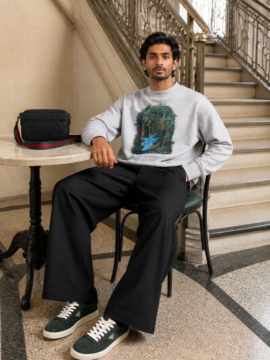 Palm angels sweatshirt black trousers prada sneakers