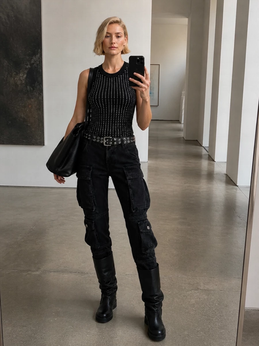 Attico black cargo pants knee boots outfit