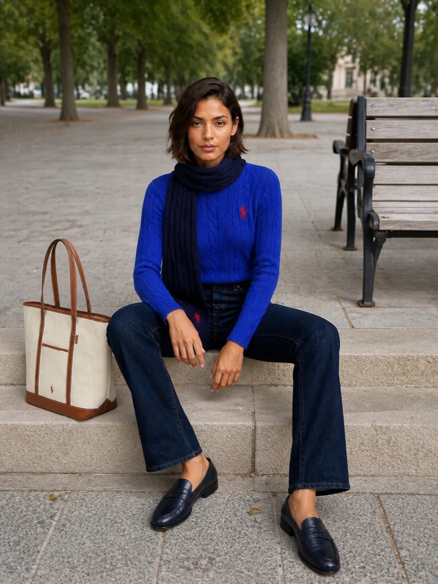 Cobalt cable and clean dark denim set a quietly polished, campus-to-city mood. Navy loafers and a structured cream tote keep the lines neat and intentional, while the matching cable scarf ties the heritage details together. It is an easy, pulled-together way to wear color that still feels calm and refined.