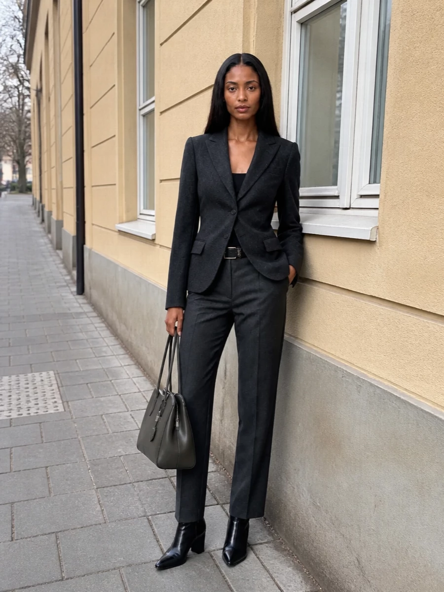 Charcoal blazer tailored trousers prada boots