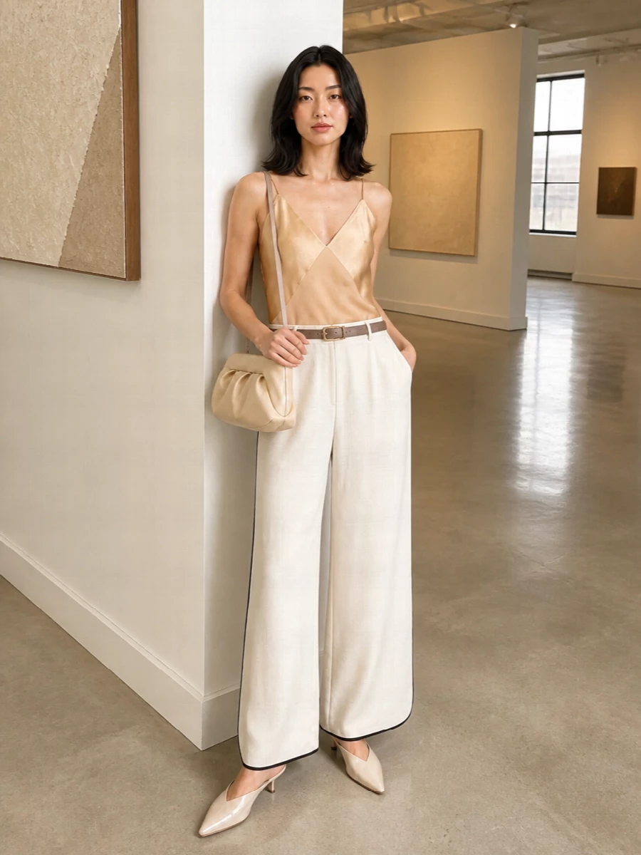 A liquid ivory wide leg meets a champagne satin camisole for a soft, elongated column that feels relaxed yet precise. Metallic ivory mules and a sculpted buttercream shoulder bag pick up the quiet sheen, keeping the palette tone-on-tone while the optional slim taupe belt adds just a trace of structure at the waist. The result is an easy, quietly polished ensemble that moves smoothly from sunlit afternoons into intimate evenings.