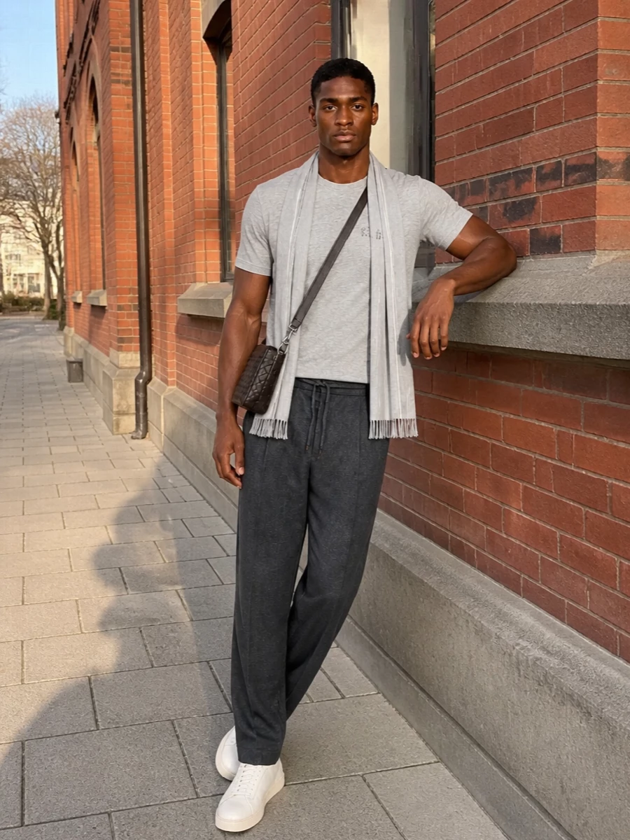 A heather-grey tee sits over charcoal drawstring pleated trousers for a quietly composed, off-duty city uniform. Off-white low-top sneakers keep the line clean, while the espresso intrecciato crossbody and soft grey scarf introduce warmth and texture without disturbing the minimal palette. The result feels relaxed yet assured, ideal for days that move between casual meetings, travel and a low-key dinner.