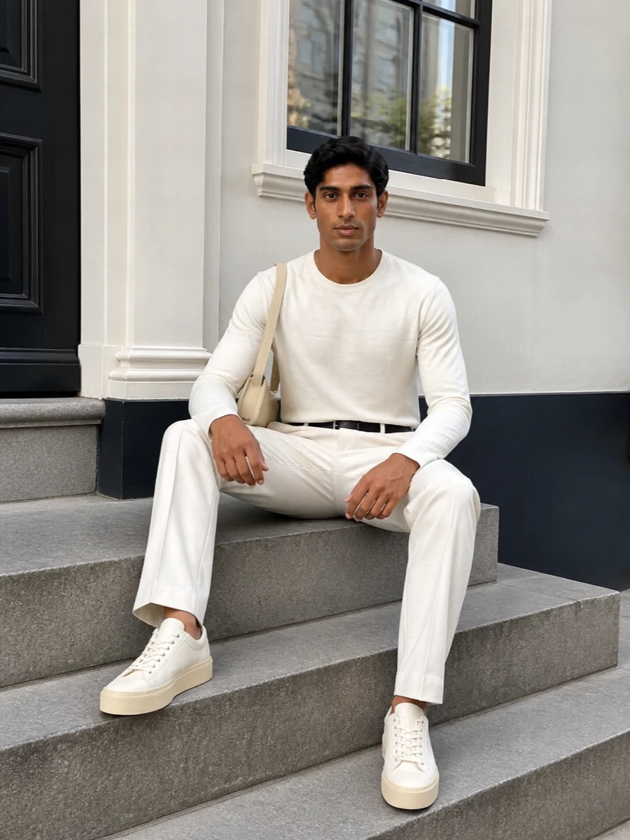 An ivory-on-ivory story keeps the outfit calm and precise, with the long-sleeve tee and soft off-white pleated trouser reading as one continuous line. Cream sneakers stay within the same pale spectrum, adding subtle structure underfoot, while a slim tonal shoulder bag and a fine black belt introduce just enough definition to keep everything intentional rather than soft-focus.