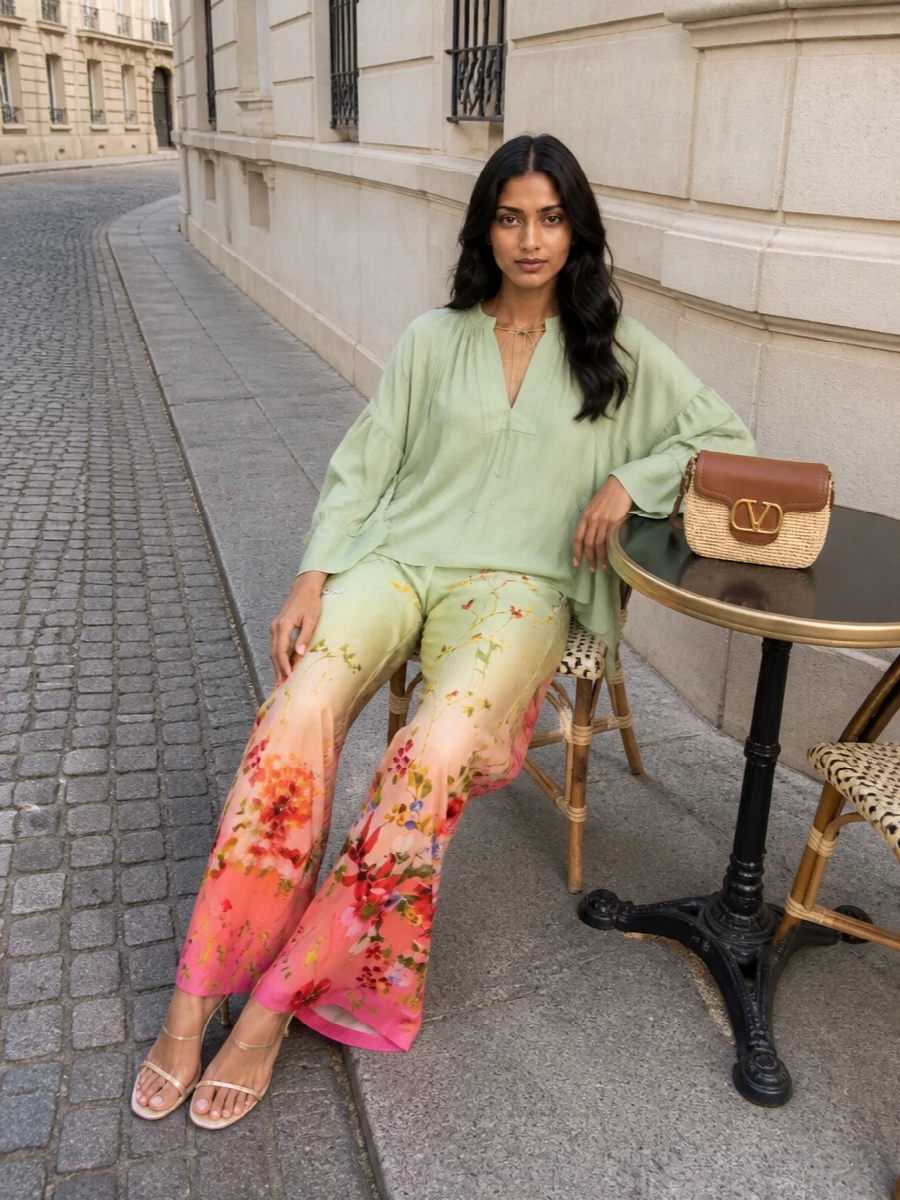 Soft sage and pistachio through the torso let the floral ombré trouser stay the hero, while the wide leg and floaty blouse read as easy and romantic rather than loud. Barely there champagne heels and a tan raffia shoulder bag keep the palette sunlit and polished, so the print feels suited to long lunches, weddings or terrace dinners instead of resort only. A blush toned floral scarf finishes the story with just enough color near the face to link back to the blooms in the trouser.