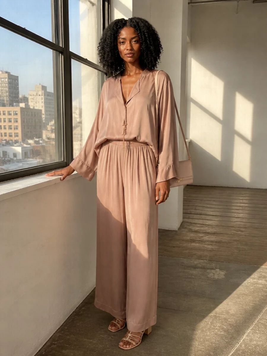 A rose-tan satin blouse pools into matching blush wide-leg trousers, creating a liquid, monochrome line that feels sensual yet calm. Champagne strappy sandals and a nude blush baguette keep the palette hushed while still catching the light, perfect for moving from gallery opening to late dinner. A gauzy blush wrap is there if you want another soft layer without disturbing the quiet romance of the set.