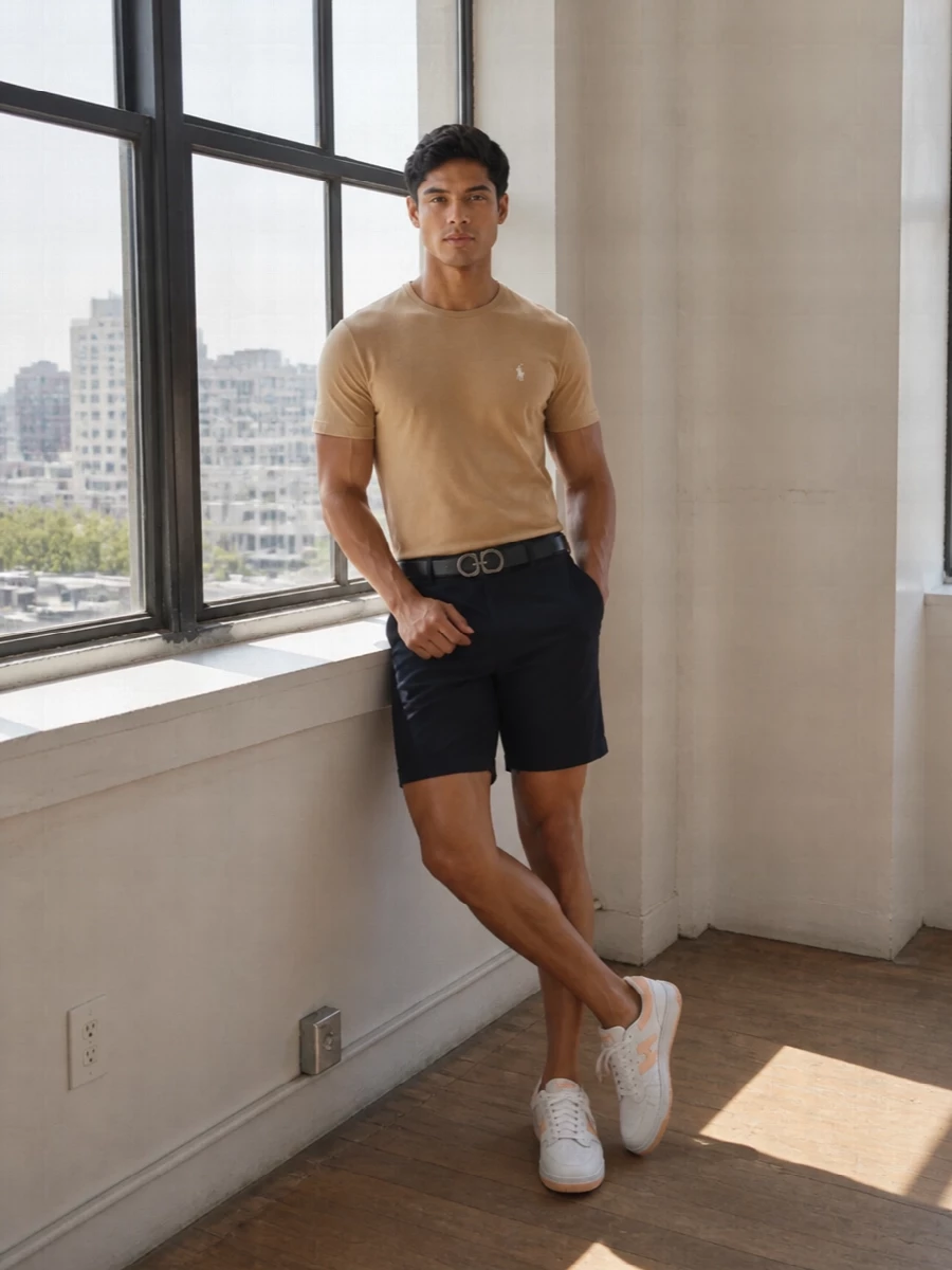 Camel and navy do the work here, giving you a crisp, preppy base that still feels relaxed. The tailored shorts and clean court sneakers keep the line sharp, while the subtle Ferragamo belt quietly pulls everything together. It is an easy all‑season uniform for city days, seaside weekends or anything in between.
