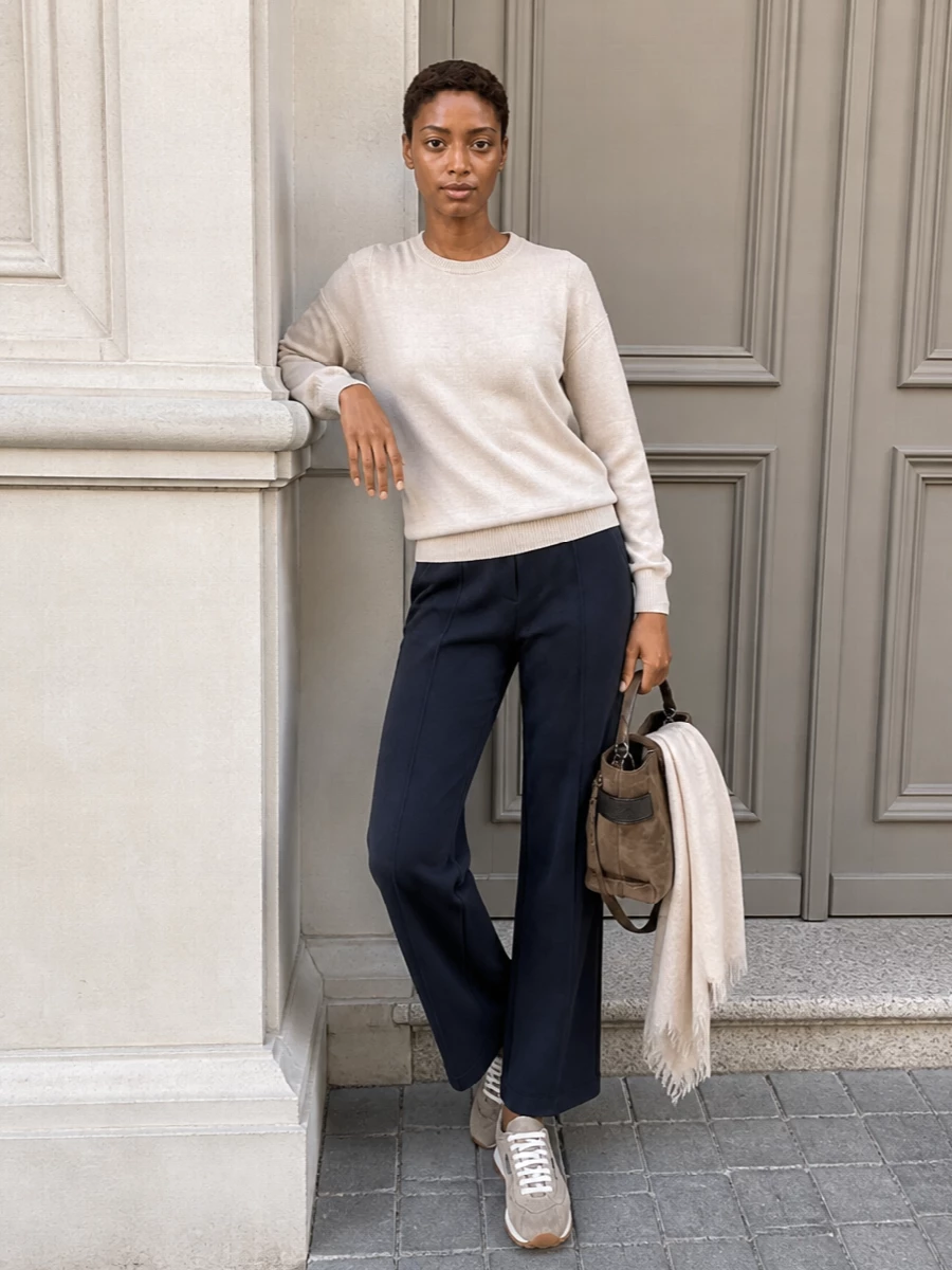 Brunello cucinelli charcoal pants cream knit outfit