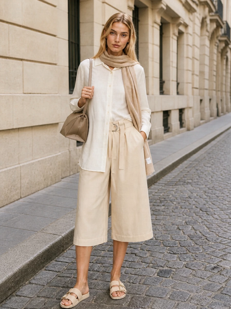 Soft ivory and sand tones create a quiet, coastal uniform that feels polished without being precious. The longline shirt skims over the wide cropped short, the easy volume grounded by clean, neutral slides and a structured beige mini tote. A gauzy sand scarf adds a whisper of texture for breezy city days or lazy terrace lunches.