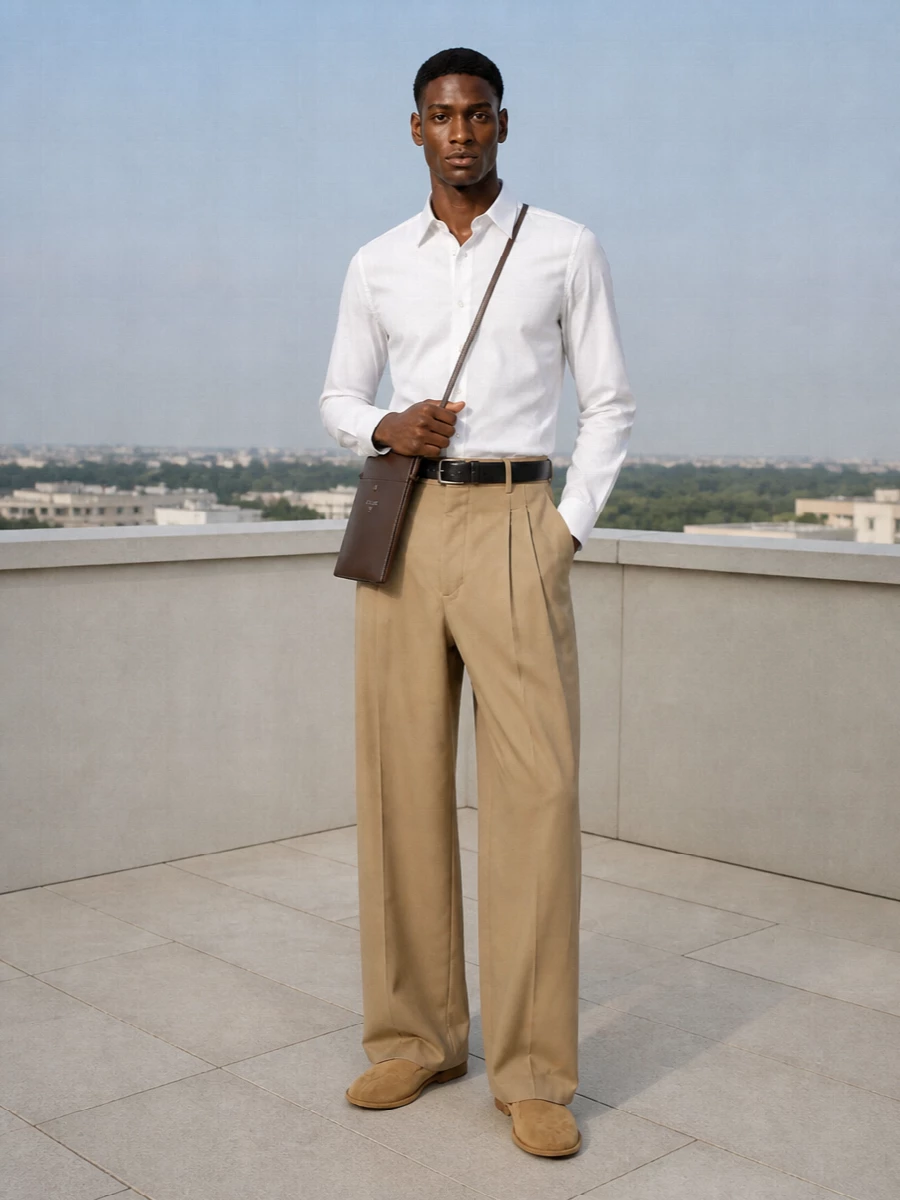 Ami paris white shirt camel wide leg trousers