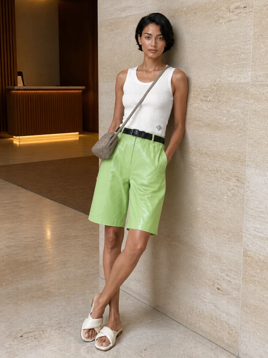Bottega veneta lime shorts white tank outfit