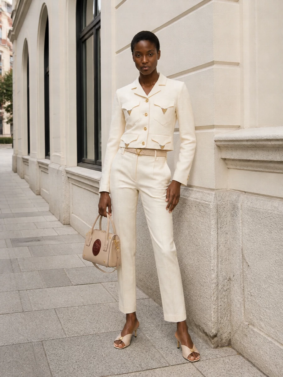 Versace cream suit tonal mules mini bag
