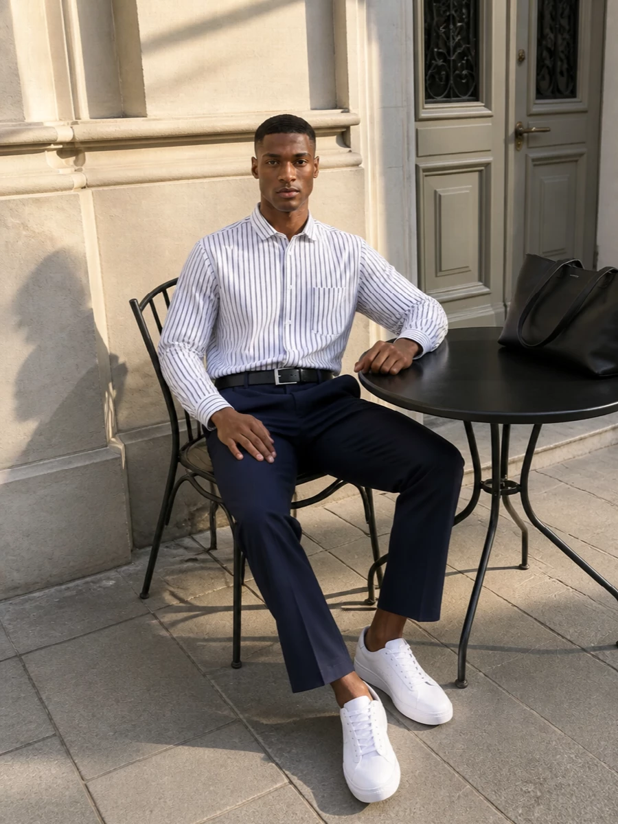 Comme des garcons striped shirt navy trousers outfit