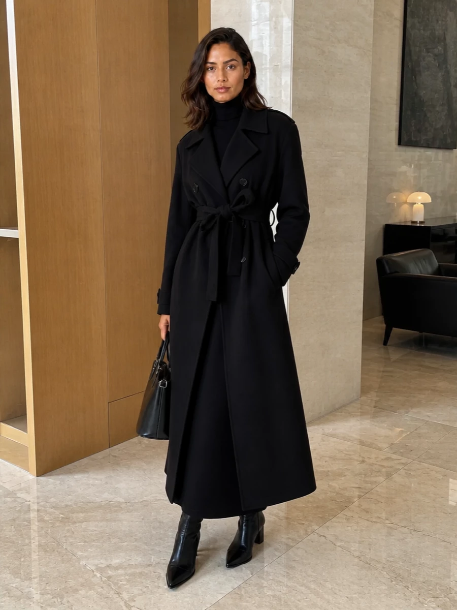 I’m taking the dress route here, letting the Frankie Shop trench frame a single inky column rather than competing tailoring layers. The Fabiana Filippi turtleneck maxi, sharp knee boots and structured black tote create a long, minimal silhouette that reads powerful, quiet and evening-ready without feeling severe. Everything stays in a tight black palette so the interest comes from proportion and texture, not extra details.