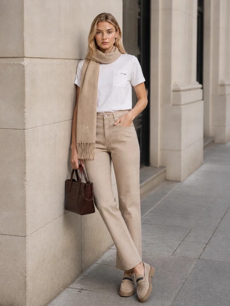 Brunello cucinelli white tee beige trousers outfit