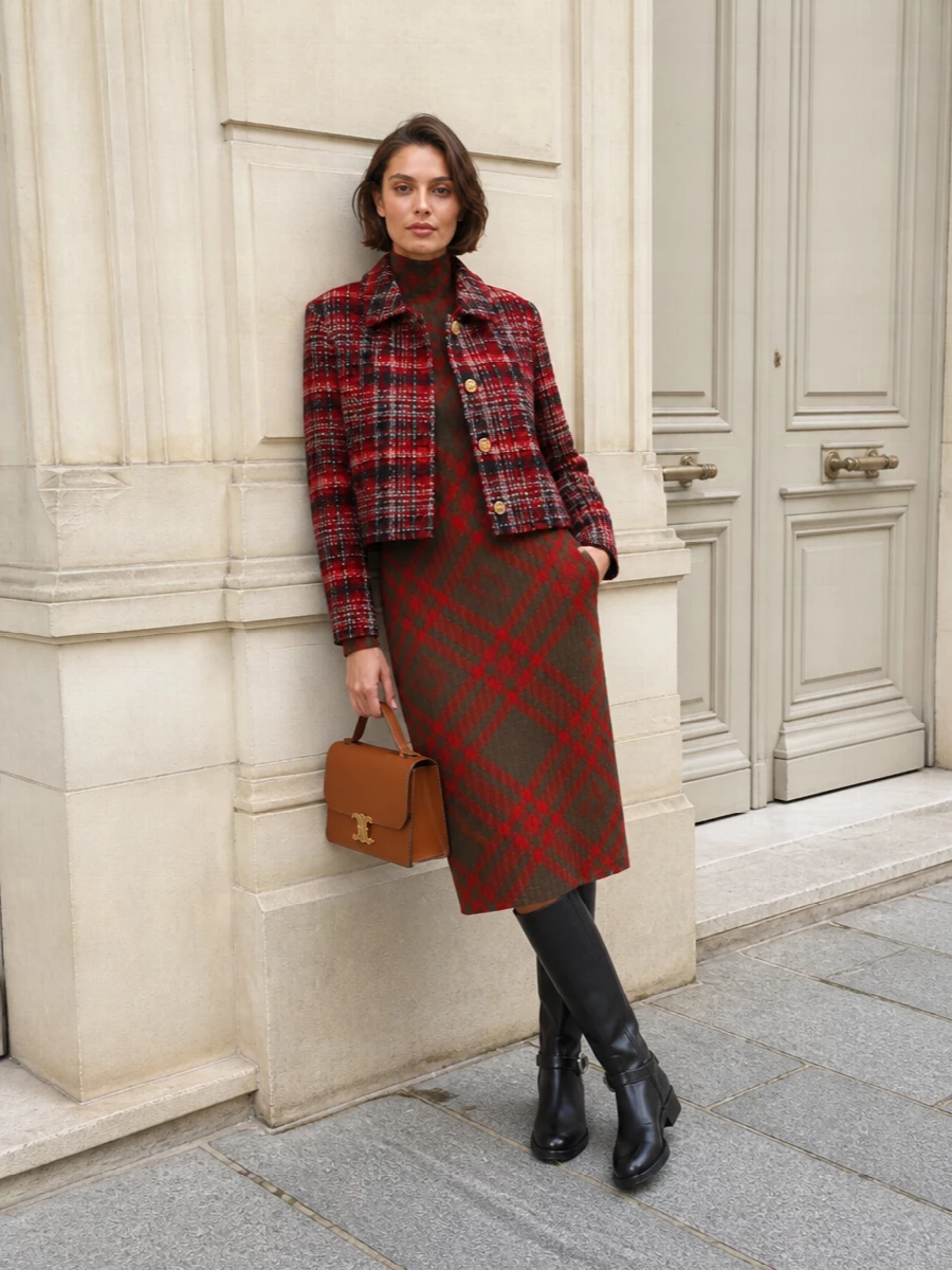 Celine plaid jacket burberry knit dress outfit