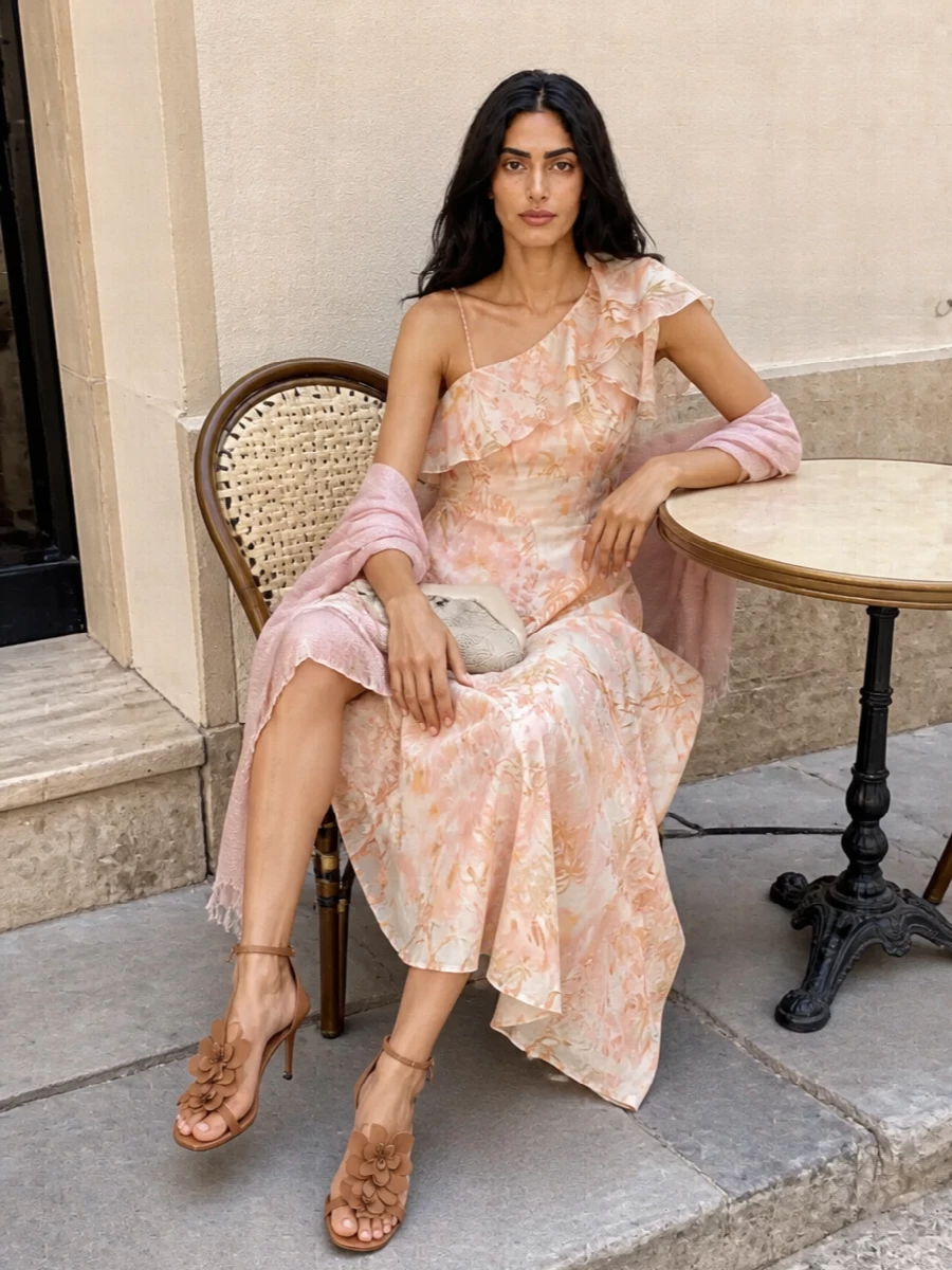 Zimmermann’s sunwashed one-shoulder dress stays firmly in the spotlight, grounded with warm tan floral sandals and a sculptural buttercream clutch. The palette keeps everything in soft, golden neutrals so the ruffles and print feel romantic rather than fussy. Add the whisper-light blush stole over your shoulders once the temperature drops and you are ready for a garden wedding or seaside cocktails.