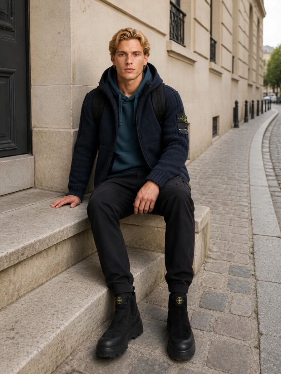 Stone island navy jacket cargo pants outfit