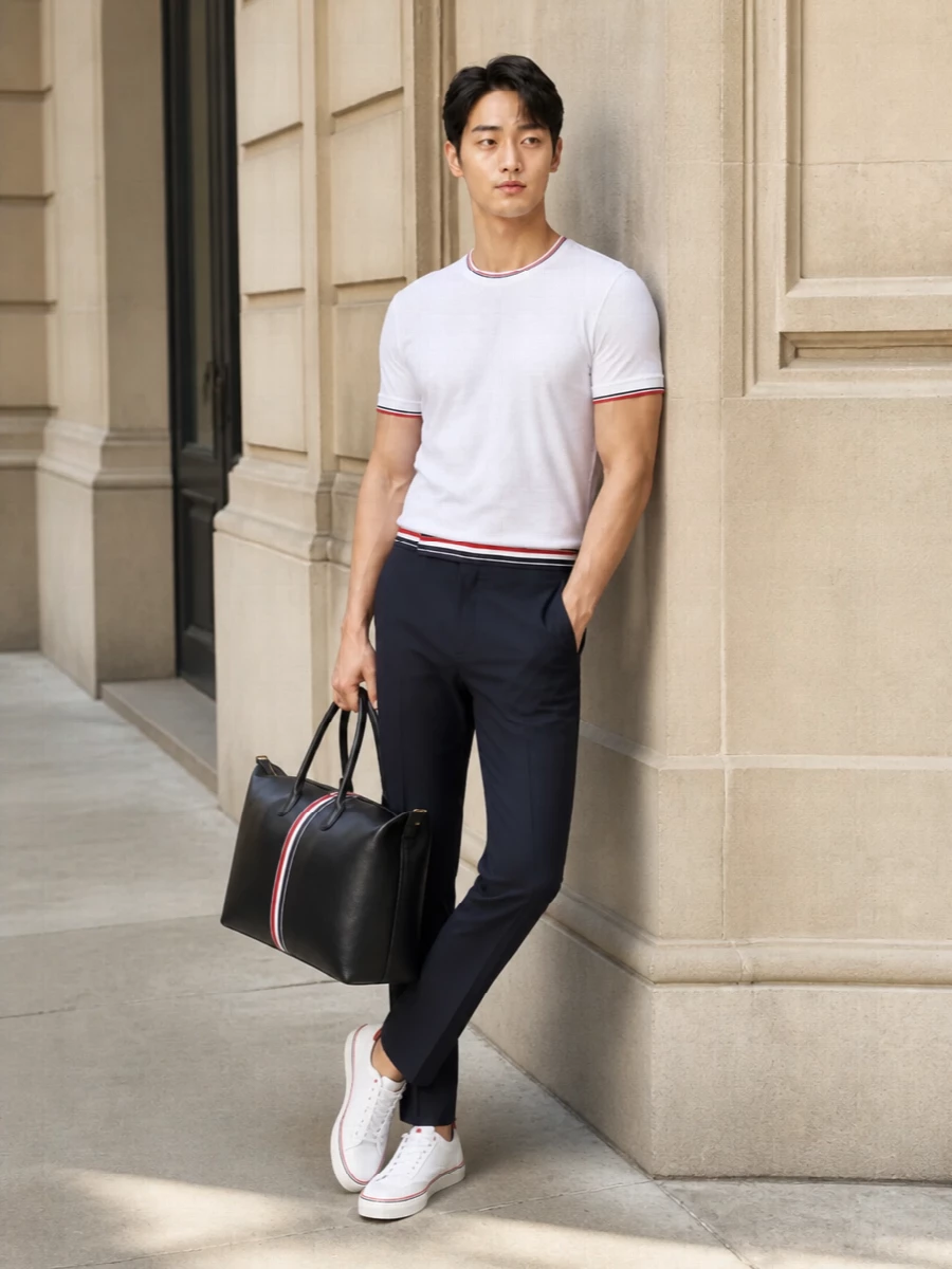 Thom browne white t shirt navy trousers outfit