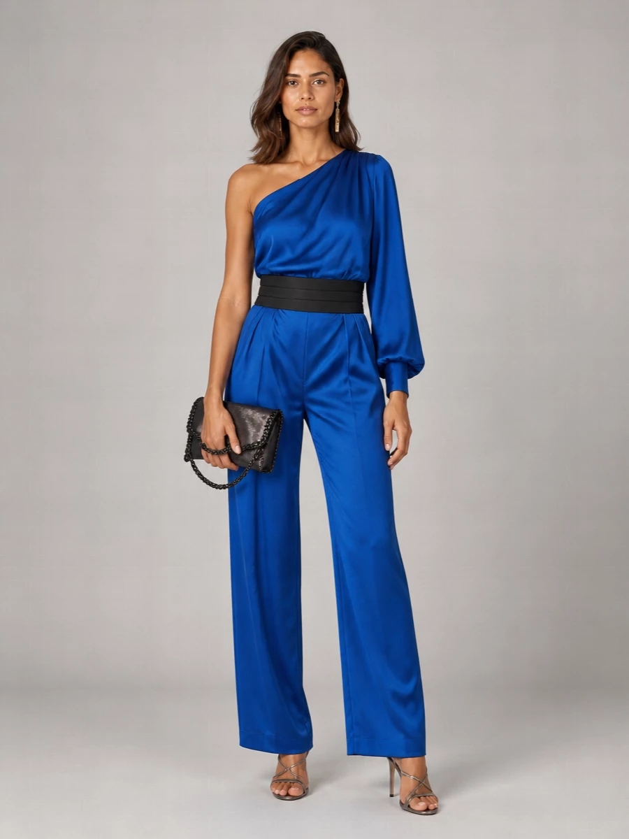 Stella Mccartney Satin One-Shoulder Draped Wide-Leg Jumpsuit