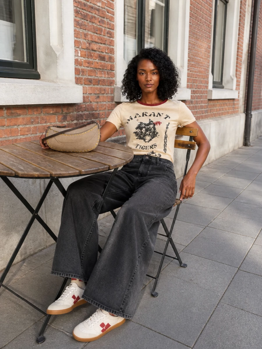 Isabel marant graphic tee wide leg jeans outfit