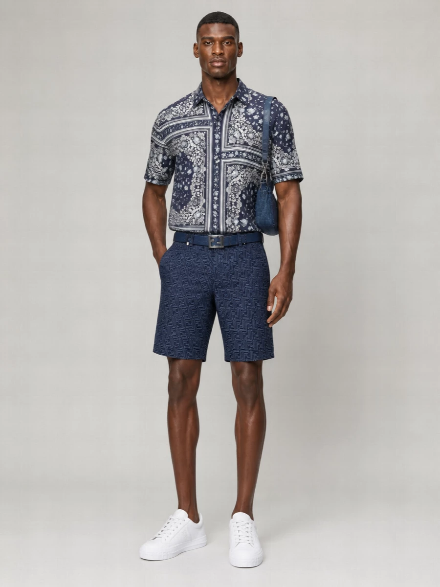 Fendi Denim Jacquard Logo-Pattern Bermuda Shorts